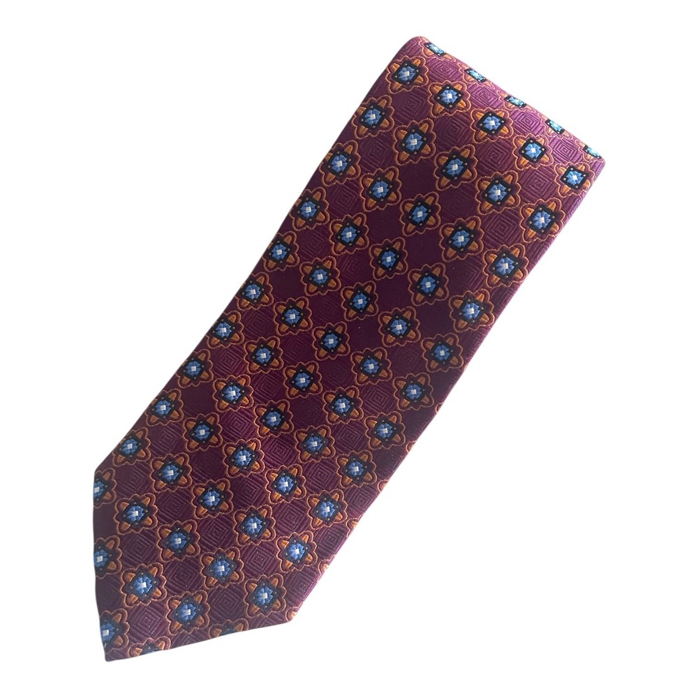 Harold Powell Silk Tie Magenta Foulard‎ Blue Geometric Repeat Made in USA